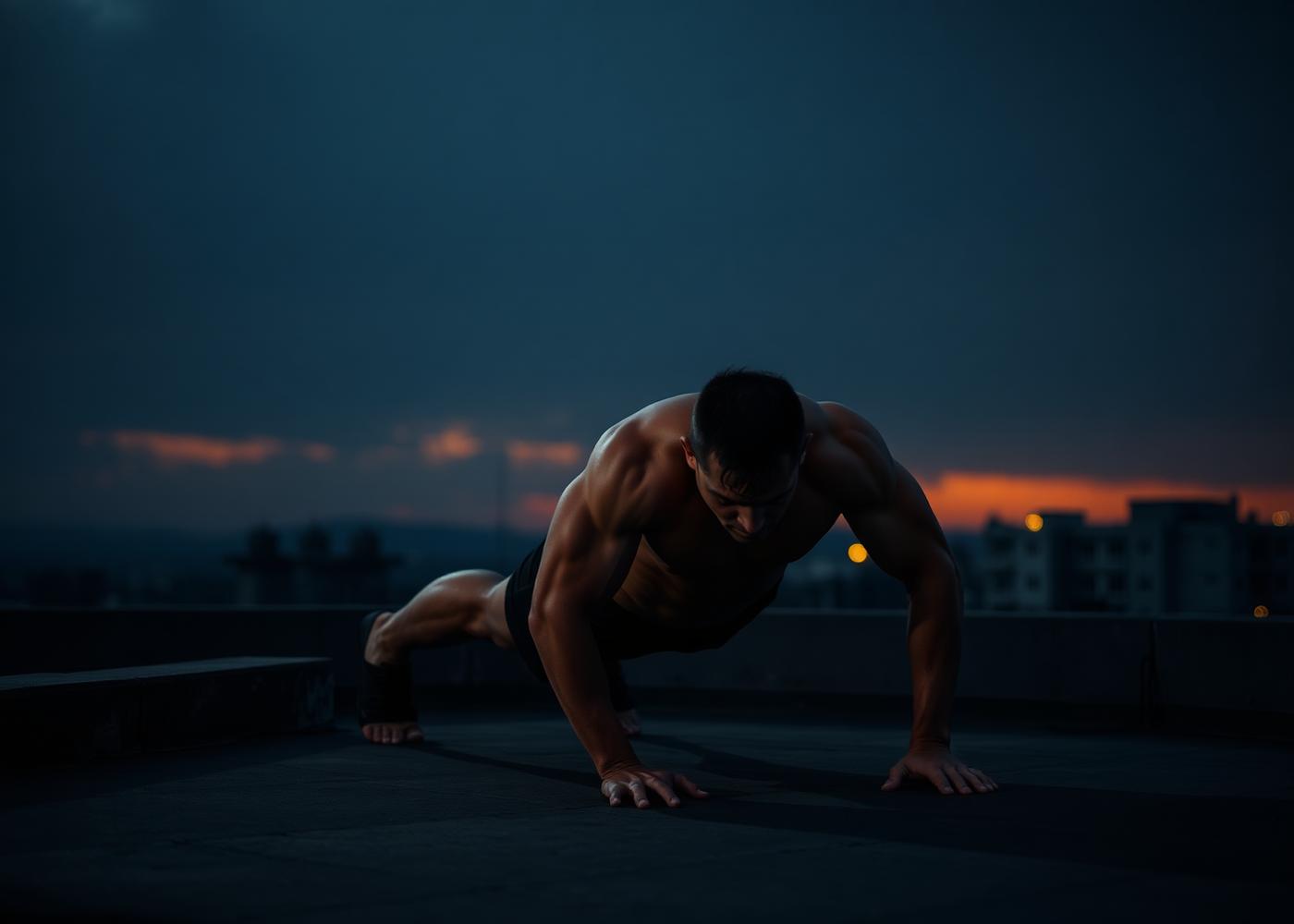Hombre entrenando calistenia en una azotea al amanecer